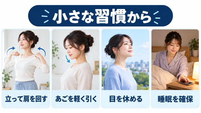 肩を回す軽いあご引き目の休息睡眠確保の4つの習慣を示す図解