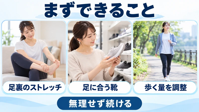 足裏のストレッチ足に合う靴歩く量の調整の3つの習慣を示す図解