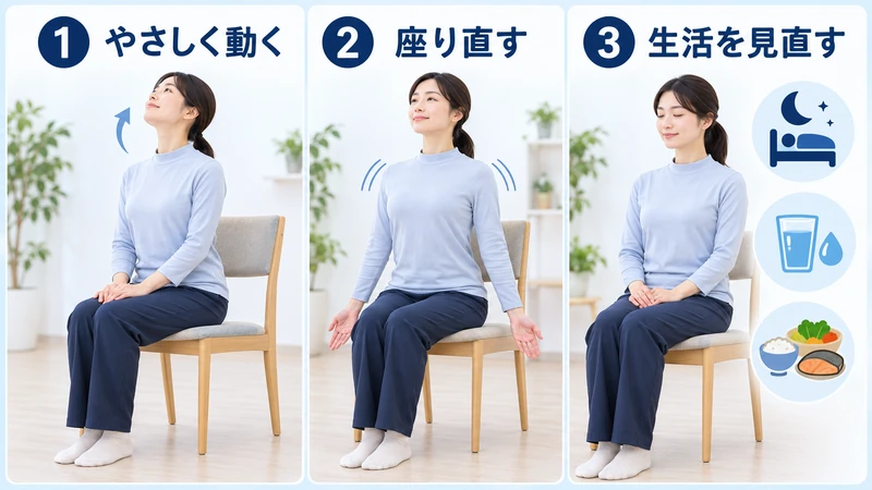 首と胸郭をゆっくり動かす無理のないケアの手順を示す図解